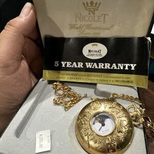 Working New Vintage Nicolet Moonphase Pocket watch Swiss Quartz in box Rare Gift